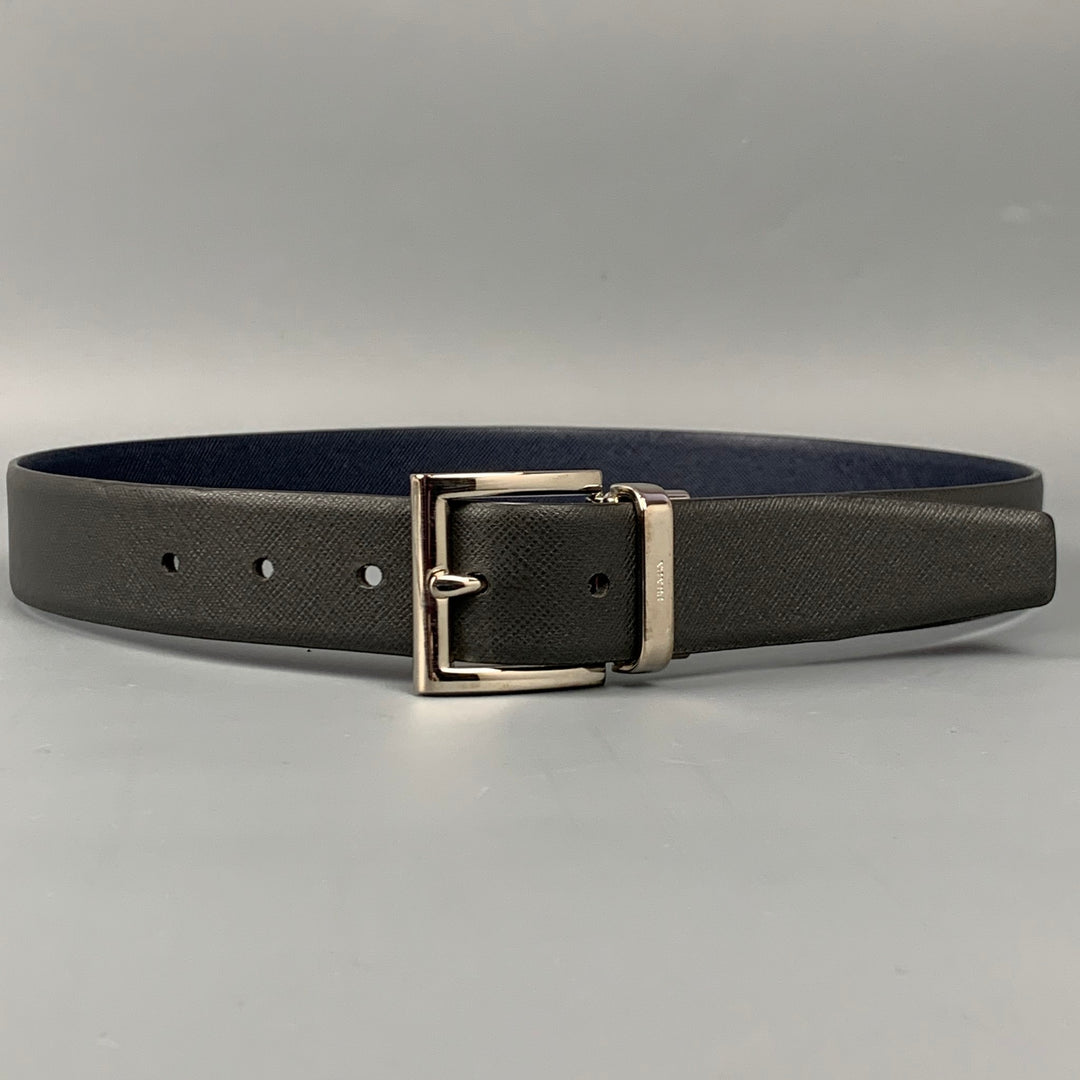 PRADA Size 34 Navy & Grey Textured Saffiano Leather Reversible Belt