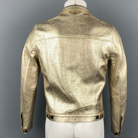 BURBERRY PRORSUM S/S 13 Size 38 Gold Metallic Leather Trucker Jacket