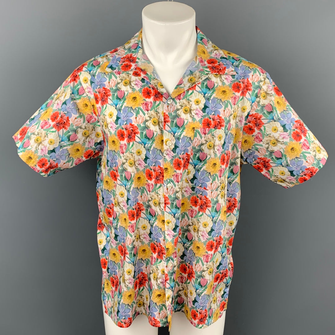 R13 Taille M Chemise de patineur à manches courtes boutonnée en coton floral multicolore
