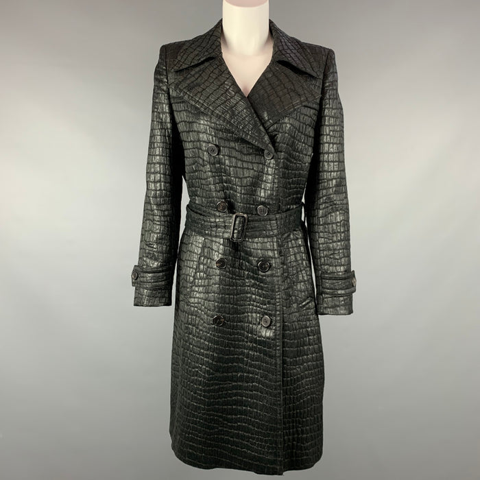 DRIES VAN NOTEN Size 6 Black Textured Acetate Blend Belted Trench Coat