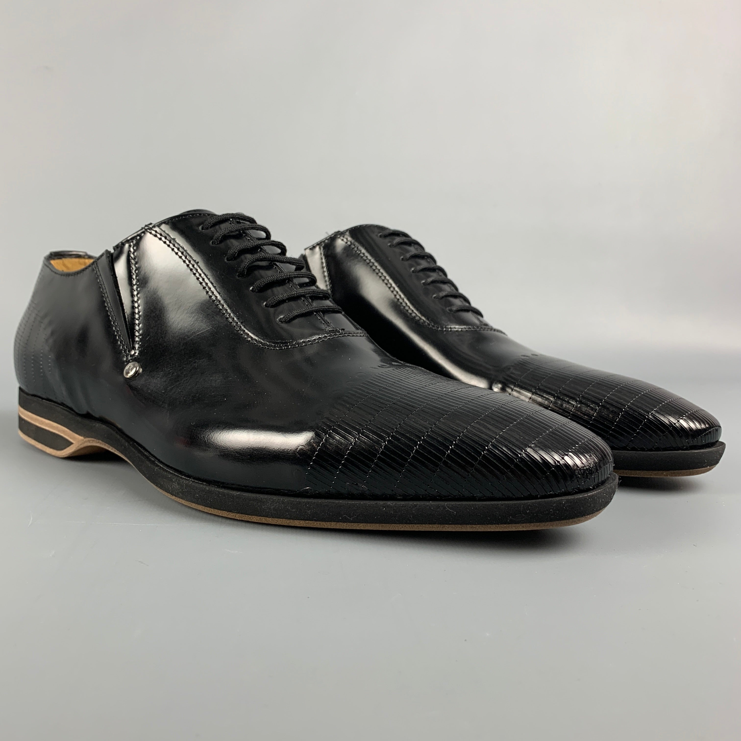 CESARE PACIOTTI Size 7 Black Textured Patent Leather Lace Up Shoes