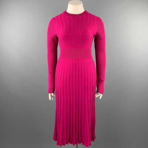 CHANEL Talla 10 Vestido tipo suéter con cuello redondo y lana plisada de punto fucsia