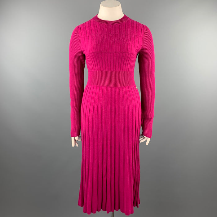 CHANEL Size 10 Fuchsia Knitted Pleated Wool Crew-Neck Sweater Dress