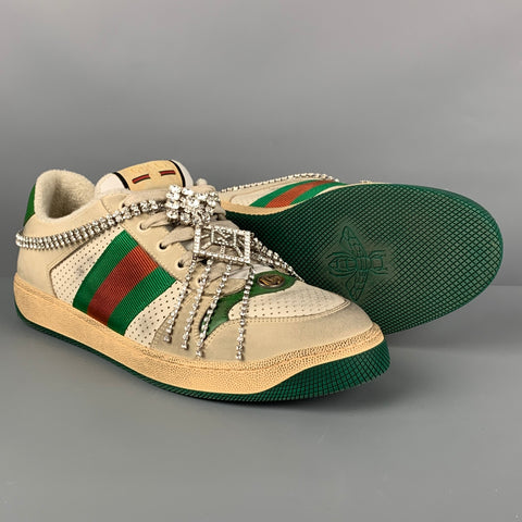 GUCCI Size 8.5 Off White Green Distressed Leather Crystal Screener Sneakers