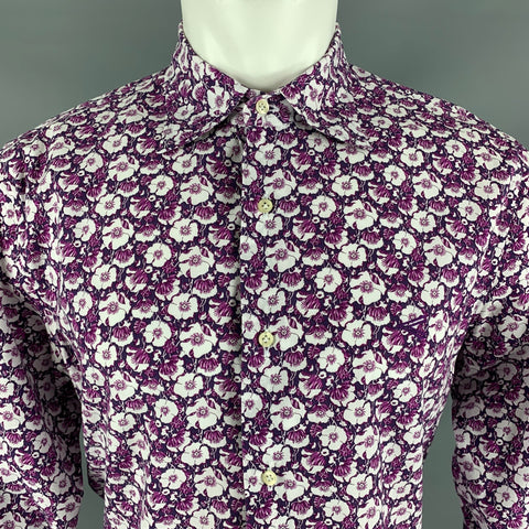 CARLO CHIONNA Size 40 White Purple Floral Cotton Button Down Long Sleeve Shirt