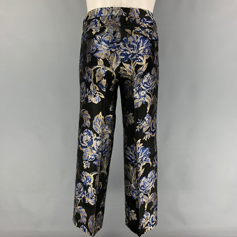 CHRISTIAN PELLIZZARI Size 36 Black Blue Silver Jacquard Acetate Blend Peak Lapel Coat Suit