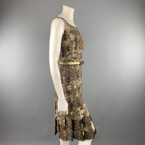 OSCAR DE LA RENTA Size 2 Green Tie Dye Taupe Embroidered Beaded Cocktail Dress