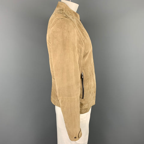 ZEGNA SPORT Size L Khaki Leather Nehru Collar Jacket