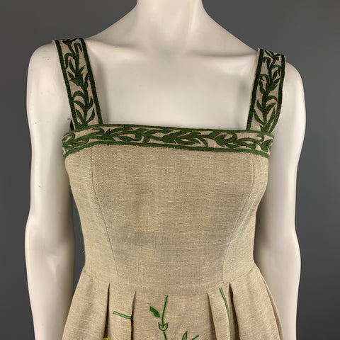 OSCAR DE LA RENTA Size 0 Taupe Woven Yellow Silk Flower Fit Flair Dress
