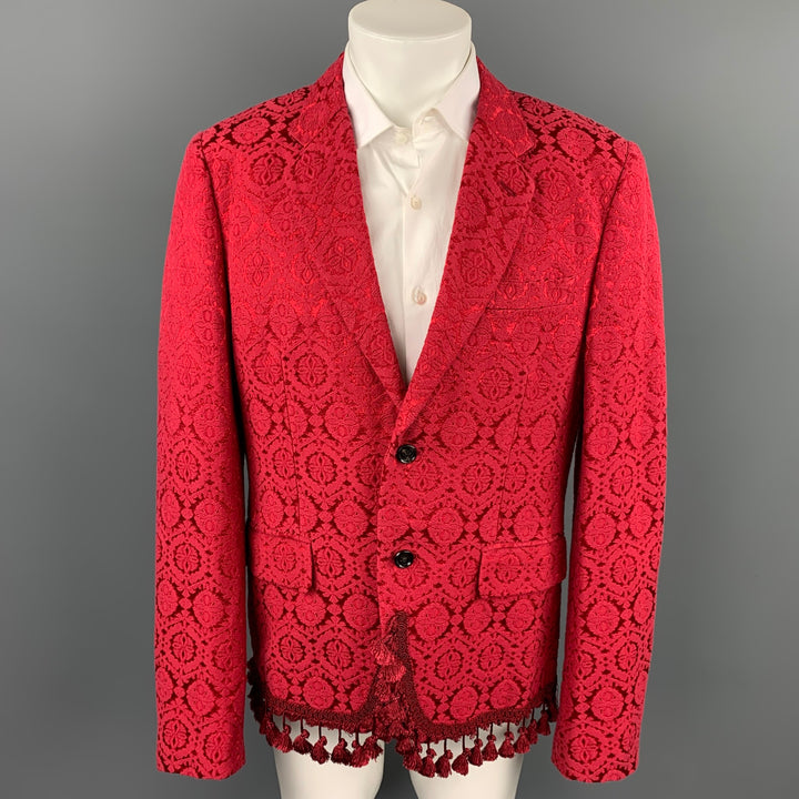 COMME des GARCONS HOMME PLUS Size XL Red Jacquard Cotton Blend Notch Lapel Jacket