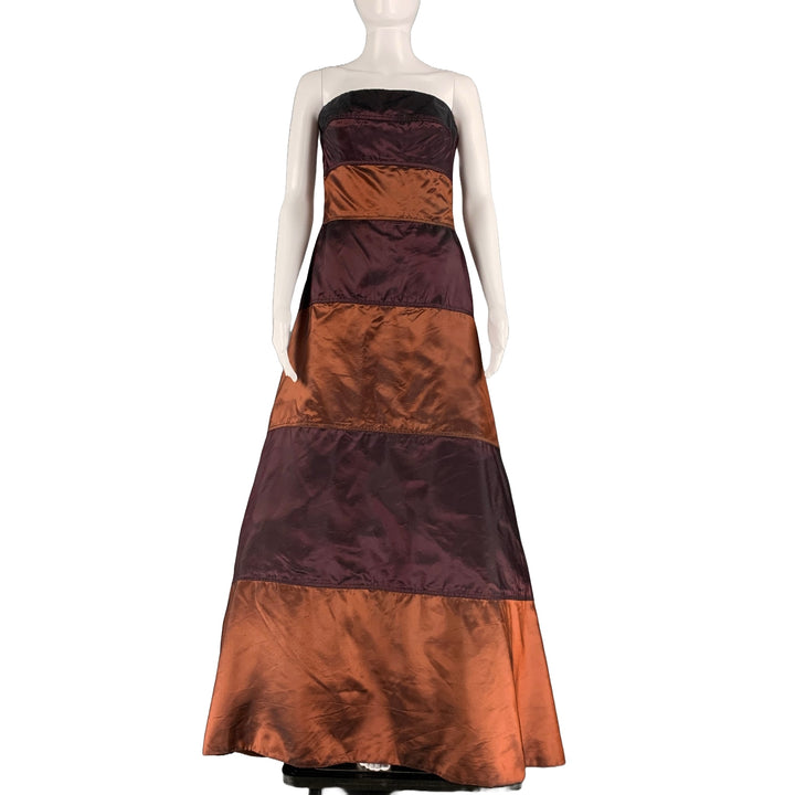 HELEN MORLEY Size M Burgundy Copper Silk Stripe Strapless Long Gown