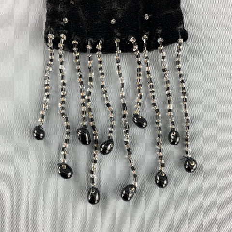ADRIENNE LANDAU Beaded Black Silk Velvet Fringe Skinny Scarf