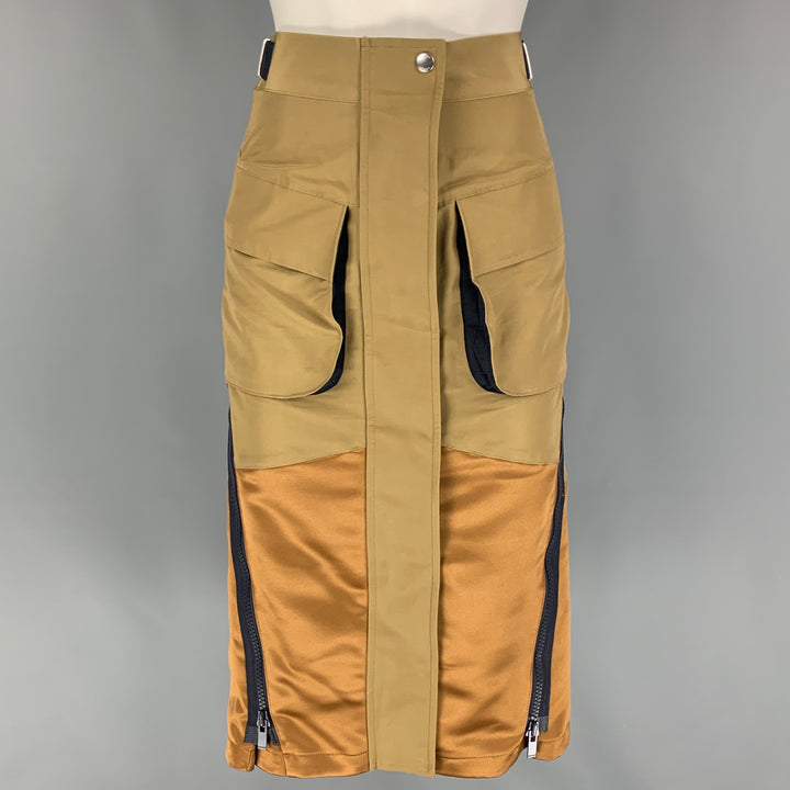 SACAI Size 0 Khaki Gold Cotton Blend Color Block Pencil Below Knee Skirt