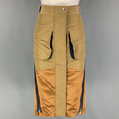 SACAI Taille 0 Kaki Or Coton Mélange Color Block Crayon Sous Le Genou Jupe