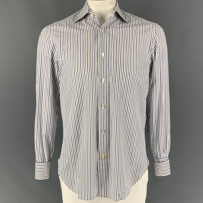 KITON Size M White Grey Blue Stripe Cotton Long Sleeve Shirt