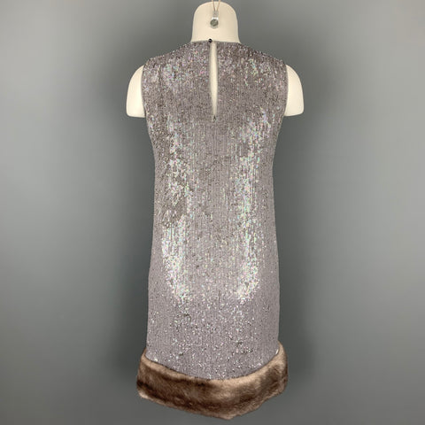 NORMAN AMBROSE Size 4 Gray Silk Sequined Mink Fur Panel Shift Cocktail Dress