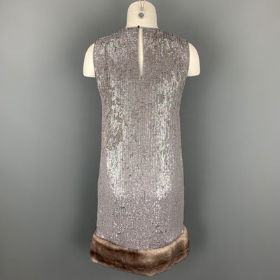 NORMAN AMBROSE Size 4 Gray Silk Sequined Mink Fur Panel Shift Cocktail Dress