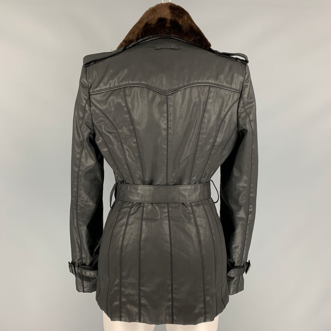 JEAN PAUL GAULTIER Size 10 Black Coated Cotton Belted Double Breasted Jacket