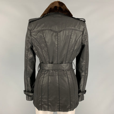 JEAN PAUL GAULTIER Size 10 Black Coated Cotton Belted Double Breasted Jacket