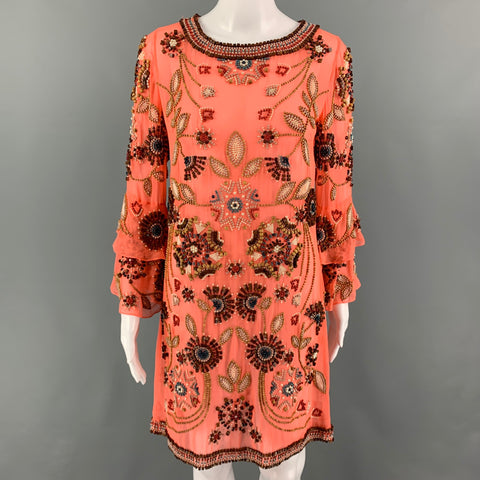 MATTHEW WILLIAMSON Size 8 Orange Multi-Color Polyester Beaded Long Sleeve Dress