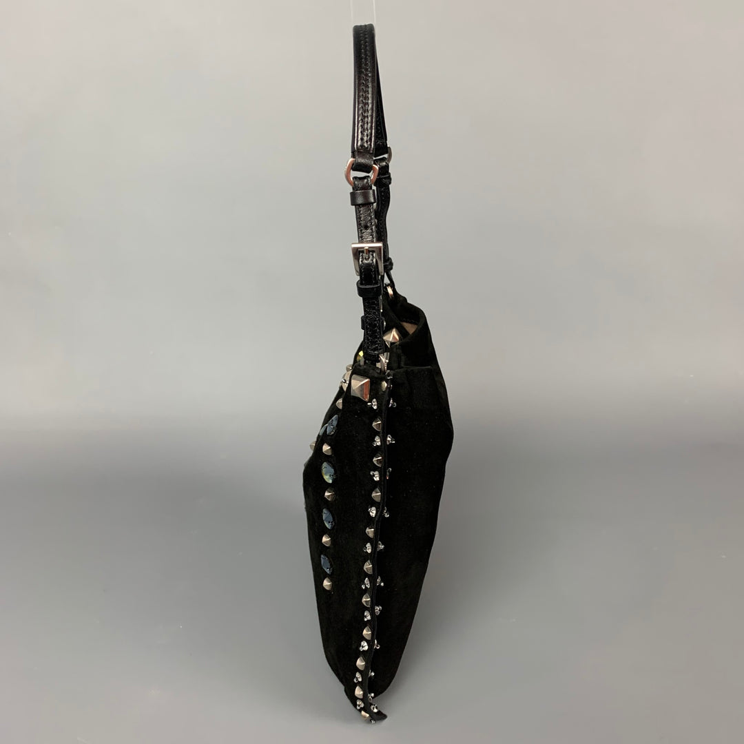PRADA Black Suede Embellished Rhinestones Evening Handbag