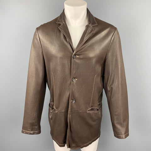 JIL SANDER Size L Brown Contrast Stitch Leather Notch Lapel Jacket