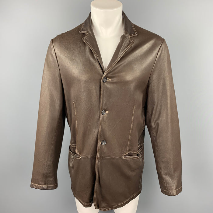 JIL SANDER Size L Brown Contrast Stitch Leather Notch Lapel Jacket