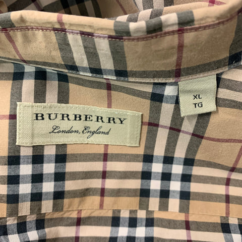 BURBERRY LONDON Size XL Tan Multicolour Plaid Cotton Long Sleeve Shirt