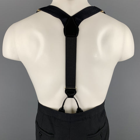 Vintage Size 33 Black Wool Pleated Tuxedo Stripe Braces Trousers