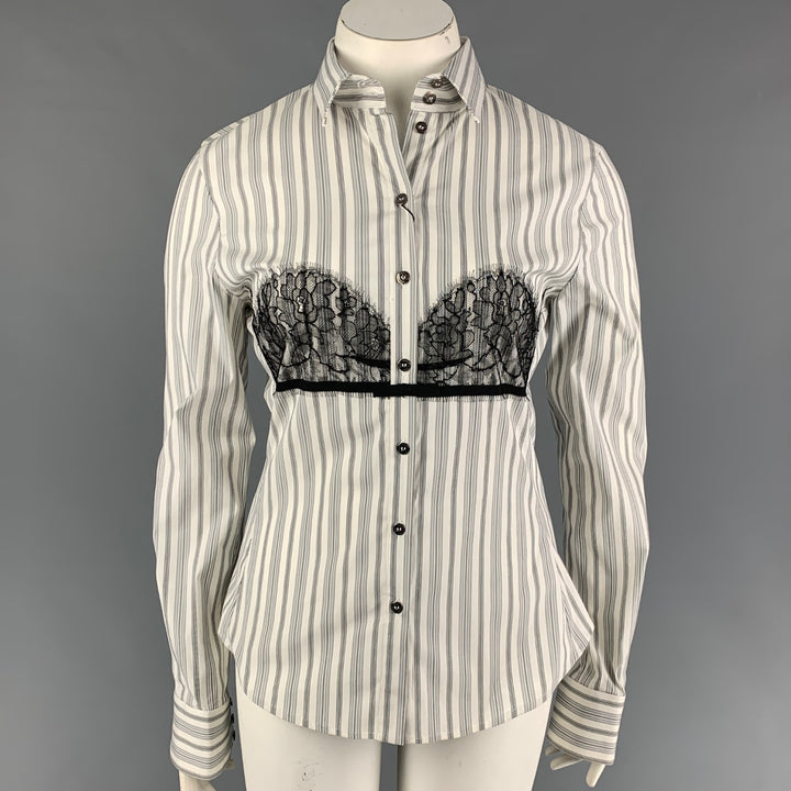 D&G by DOLCE & GABBANA Size 12 White Black Stripe Cotton Blend Button Up Shirt