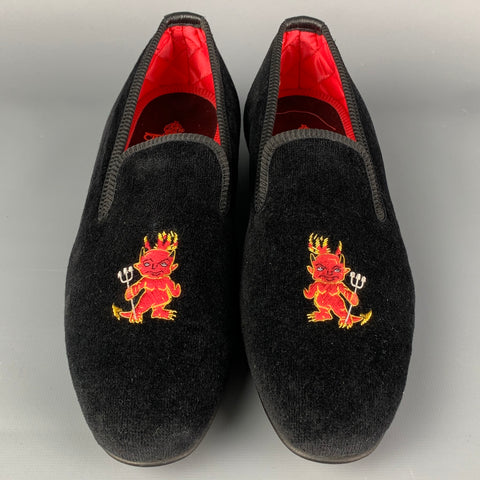 CROCKETT & JONES Size 8 Black Cheeky Devil Embroidery Velvet Slip On Loafers