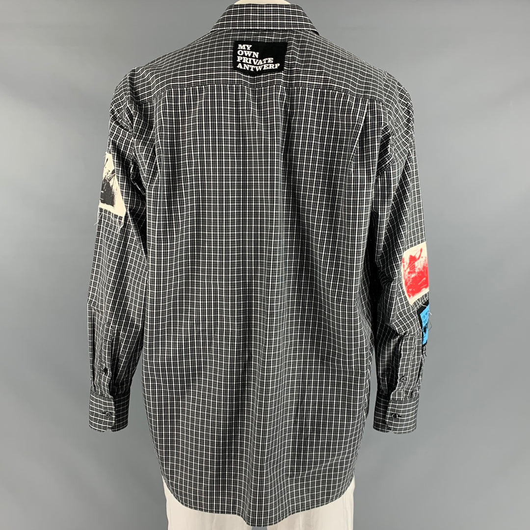 RAF SIMONS Talla 44 Camisa de manga larga de poliéster y algodón a cuadros blanco y negro