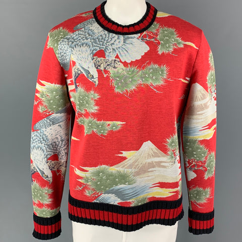 GUCCI Size XL Red Green Khaki Print Modal Crew-Neck Sweatshirt