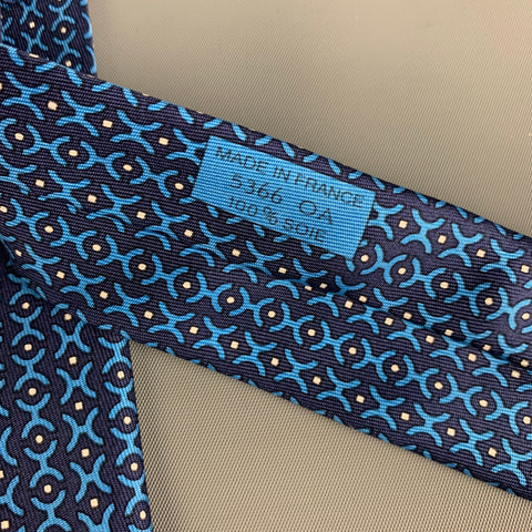 HERMES 5366 OA Navy Blue Abstract Silk Tie