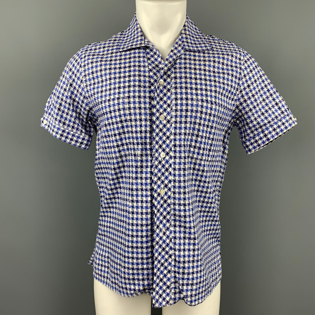JOHN BARTLETT Size S Blue & White Geometric Cotton Button Up Short Sleeve Shirt