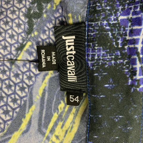 JUST CAVALLI Size XL Purple & Yellow Graphic Silk Button Up Long Sleeve Shirt