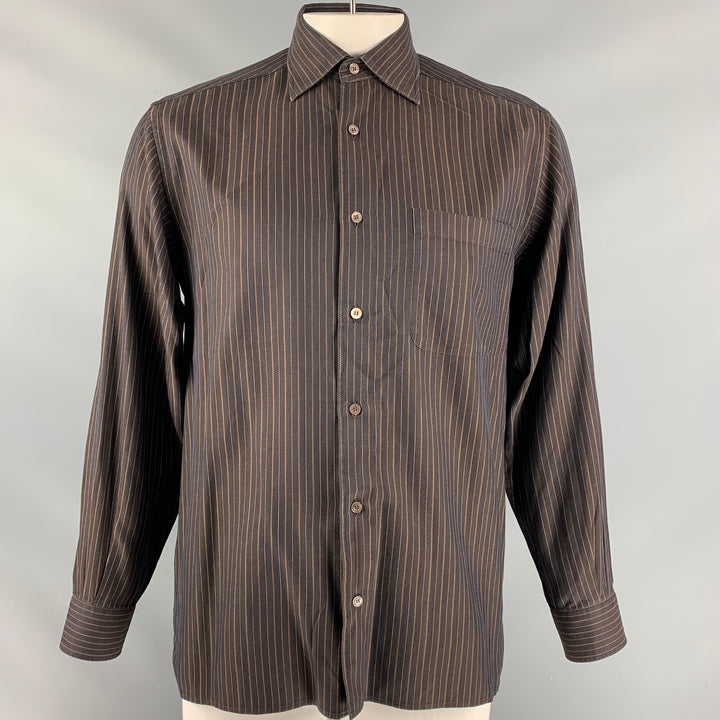 ERMENEGILDO ZEGNA Size M Brown Stripe Cotton Button Down Long Sleeve Shirt