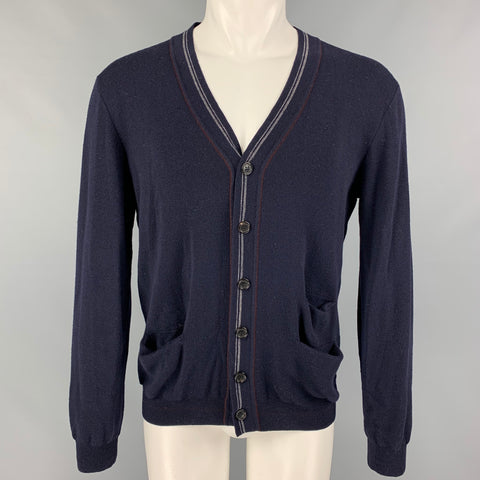 PRADA Cárdigan de lana con cuello en V y ribete en contraste azul marino talla L