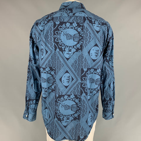 ENGINEERED GARMENTS Size L Navy & Blue Print Cotton Short Sleeve Shirt