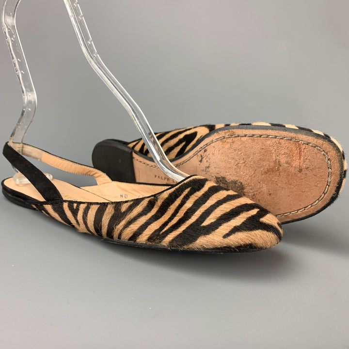 RALPH LAUREN Talla 8.5 Zapatos planos de pelo de becerro con estampado de cebra en beige y marrón