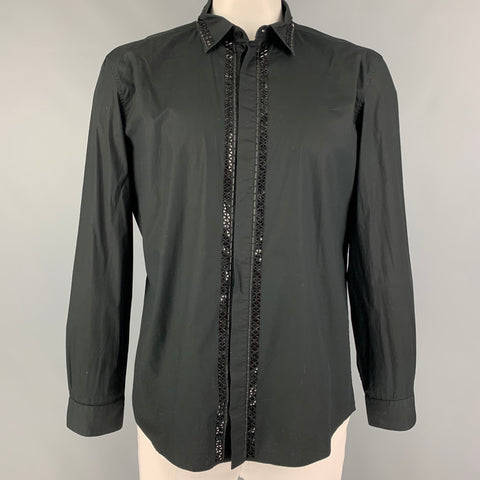 VERSACE COLLECTION Talla XL Camisa de manga larga de algodón con cuentas negra