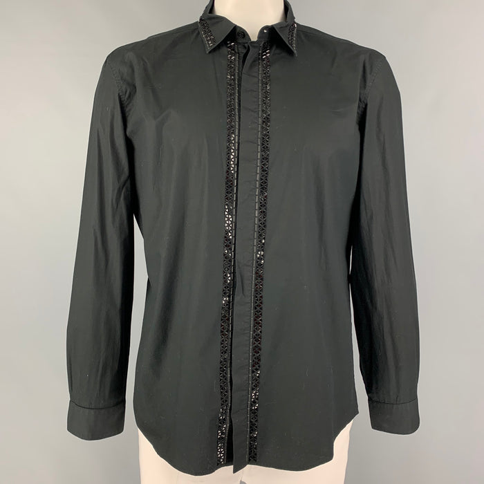 VERSACE COLLECTION Size XL Black Beaded Cotton Long Sleeve Shirt