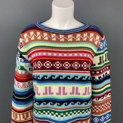 LANVIN Taille L Pull Col Bateau Multicolore Motif Jacquard JL Laine/Polyester