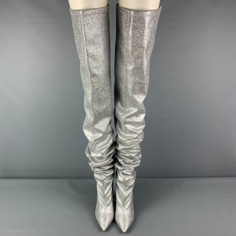 MARCELL VON BERLIN Size 10 Silver Leather Metallic Pull On Thigh High Boots