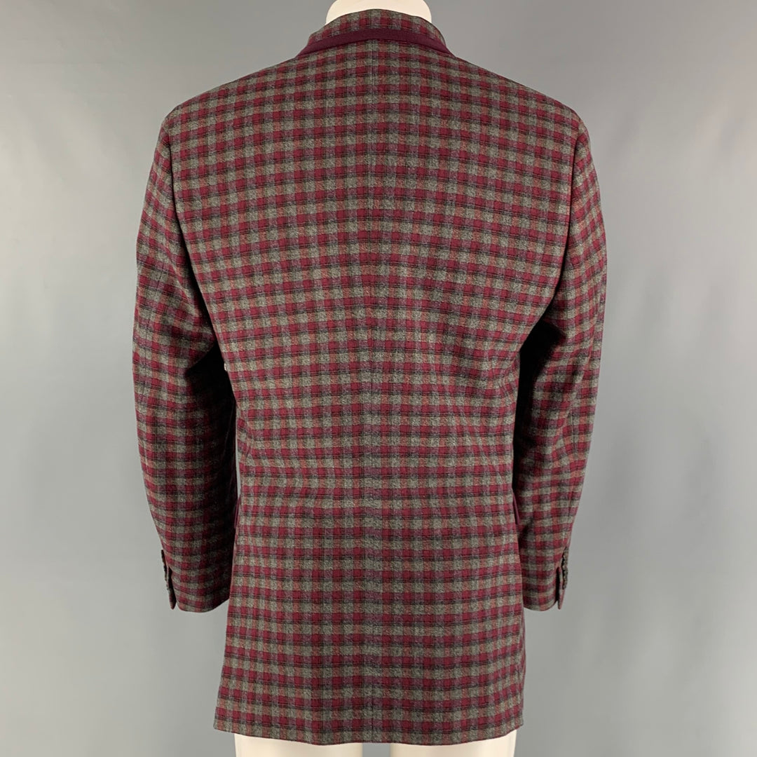 ETRO Size 40 Grey Burgundy Checkered Cotton Blend Notch Lapel Sport Coat