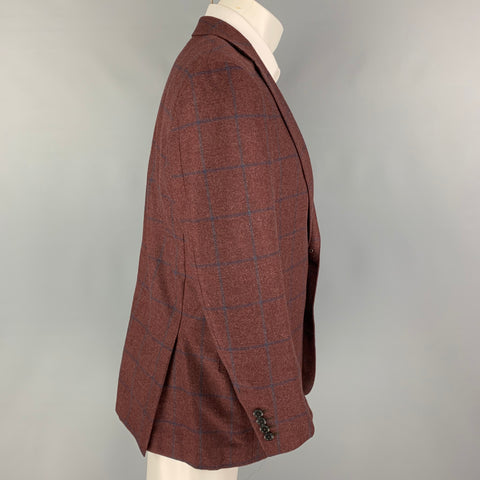 ERMENEGILDO ZEGNA Size 40 Burgundy Navy Window Pane Cashmere Sport Coat