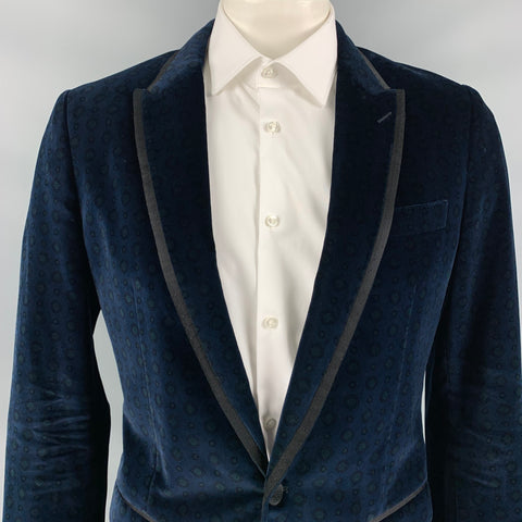DOLCE & GABBANA Size 42 Navy & Black Print Velvet Notch Lapel Sport Coat