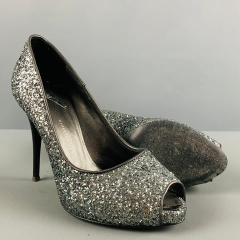 GIUSEPPE ZANOTTI Size 5.5 Silver Glitter Peep Toe Pumps