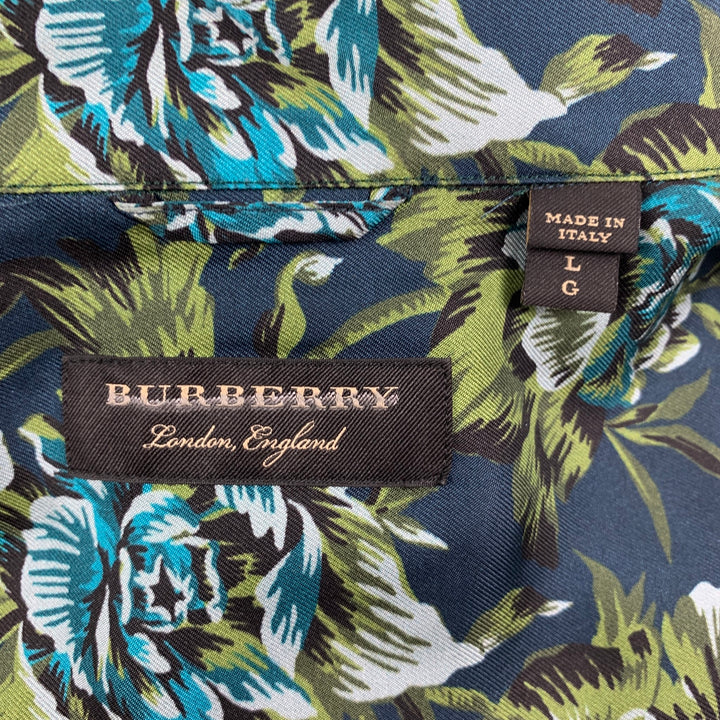 BURBERRY Fall 2016 Size L Navy & Green Floral Silk Pajama Long Sleeve Shirt