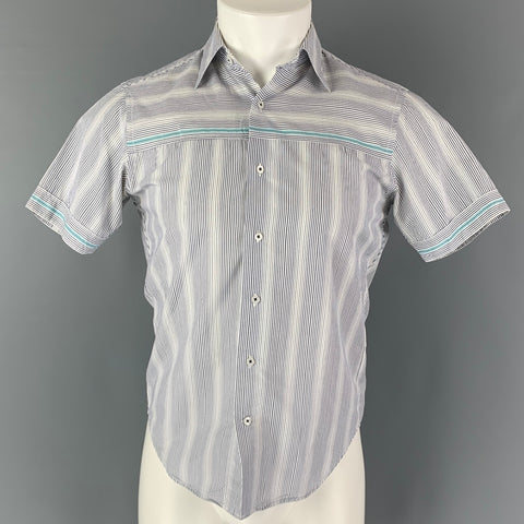 THE SUIT COMPANY Size S Blue White Stripe Cotton Short Sleeve Shirt